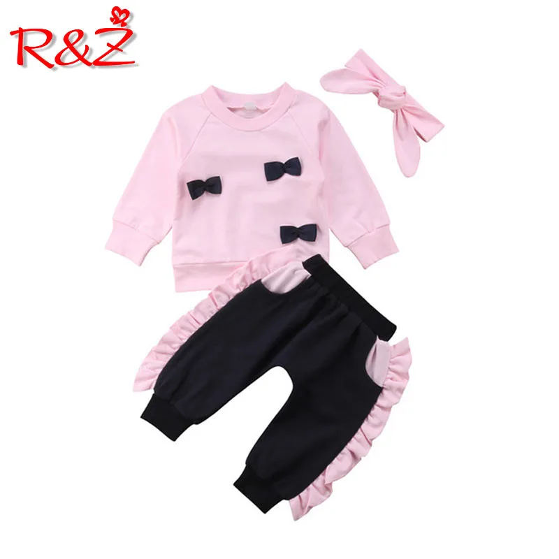 

R&Z Children's Set 2019 Spring and Autumn New Baby Girl Set Long Sleeve Lace Bow Tops Trousers Hair Strap 3 Piece Set