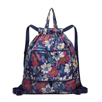 Модный портативный рюкзак Сверхлегкий складной сумка на плечо женский нейлоновый мешок ткань большая сумка для хранения с завязкой сумки - Цвет: Blue flower