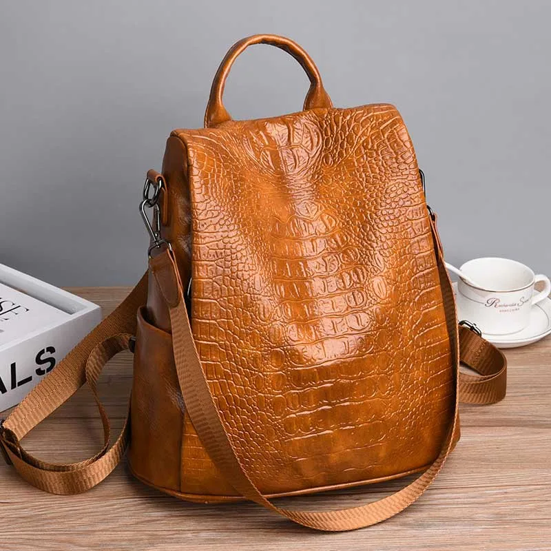 

Fashion Alligator Anti theft Backpack High Quality Leather Bagpack Vintage Sac Shoulder Bag mochila mujer 2019 Brown XA317H-1