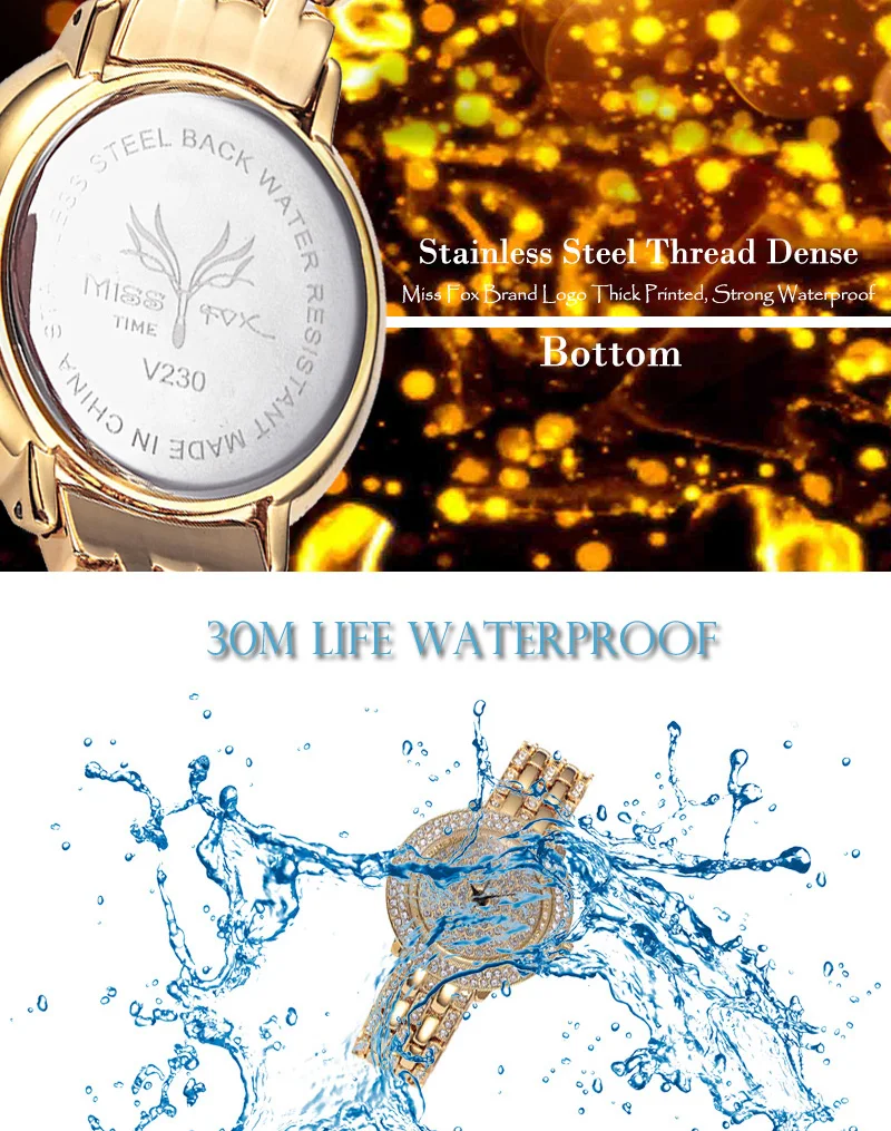 MISSFOX Miss Fox Gold Watches Women Rhinestone Quartz Black Analog Watch Female Stainless Steel Gifts for Girls Bayan Kol Saati (1)
