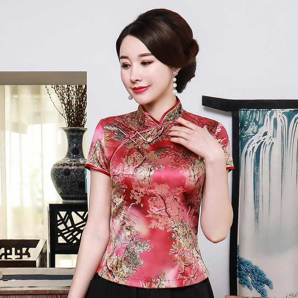 Chinese Women Print Blouse Plus Size 3XL 4XL Elegant Female Tang Top Short Sleeve Vintage Shirt Mandarin Collar Tops A0101