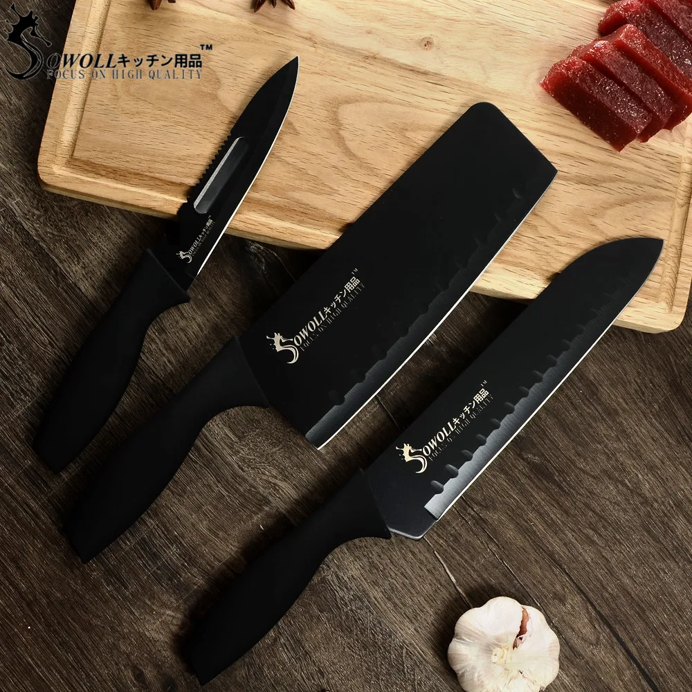SOWOLL кухонный нож из нержавеющей стали с черной пластиковой ручкой, разделочный нож Santoku, универсальный нож, зажим для посуды, приспособление для приготовления омлета