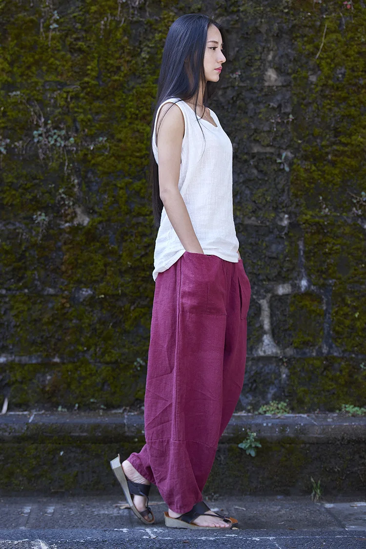 LZJN Baggy Pantalon Women Loose Ankle length Pants Linen Wide Leg Ladies Casual Sand Wash Summer Cool Baggy Trousers with Pocket (26)