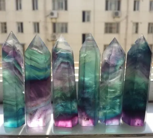 Image TOP!! 320g 6pcsNATURAL Fluorite QUARTZ CRYSTAL WAND POINT HEALING