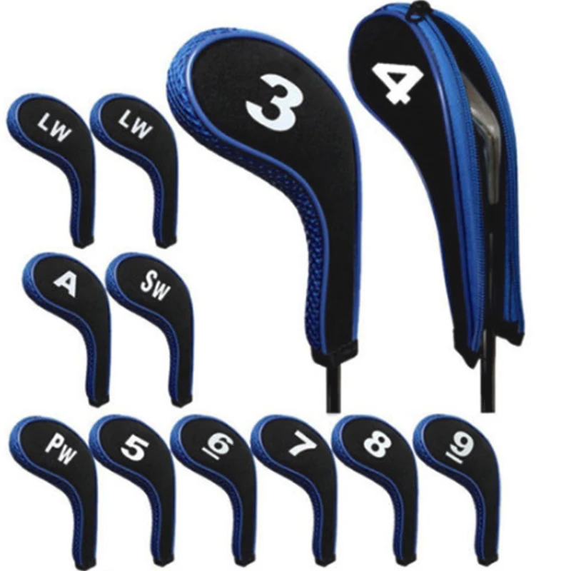 High Quality 12Pcs Rubber Neoprene Golf Head Cover Golf Club Iron Putter Protect Set Number Printed with Zipper Long Neck