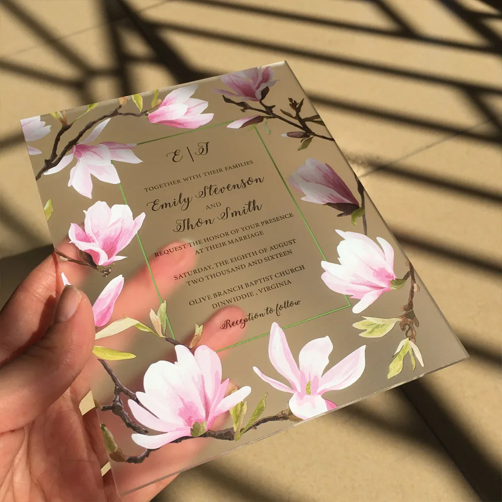 Customized Beautiful Peach Blossom Water Color Style 128*165mm Frosted Acrylic Wedding Invitation C - 32848153497