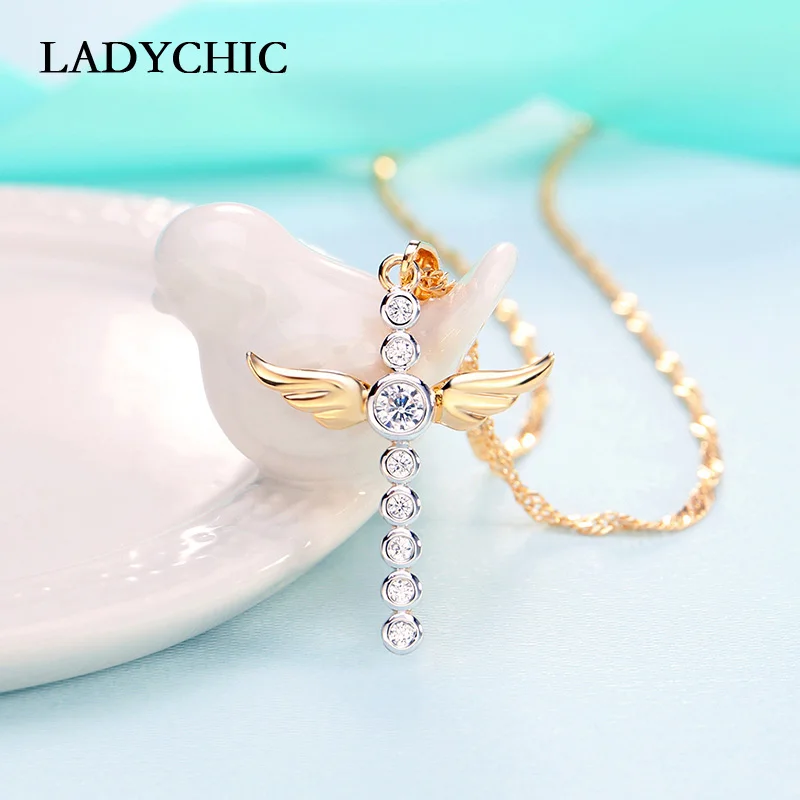 

LADYCHIC New Arrival Angel Wing Gold Color Cross Pendant Cute Shiny Crystal Necklaces for Women Girl Wedding Jewelry Gift LN1072