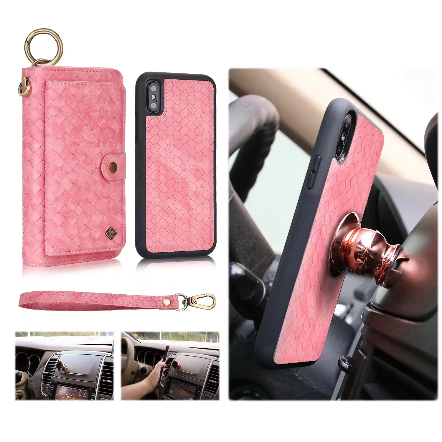 POLA модный кожаный чехол-кошелек с тканым узором для iphone XS MAX 7 8 с карманом для карт и магнитным съемным кольцом для автомобиля