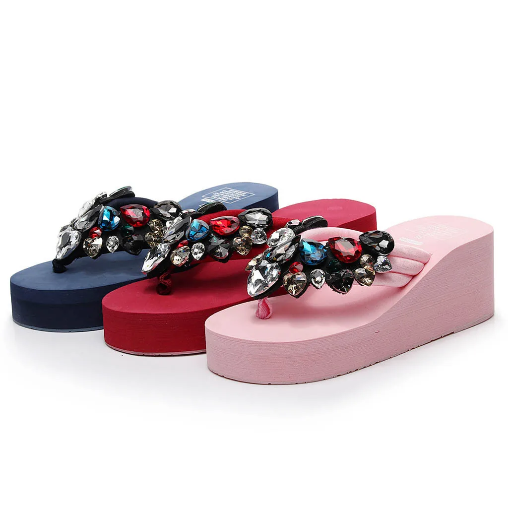 

New Style Women Ladies Girls Solid Wedges Crystal Flip Flops Sandals Slippers Beach Shoes Plus Size Home Slippers 10