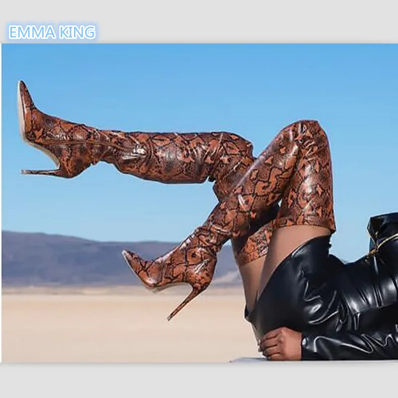 

Winter Snake Prints Women Knight Boots High Heels Pointed Toe Over The Knee Boots Side Zipper Stiletto Heels Fashion Long Boots
