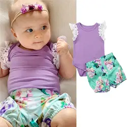 Летняя одежда для новорожденных и маленьких девочек; боди с кружевными рукавами и цветочным принтом; шорты; комплект одежды из 2 предметов;
