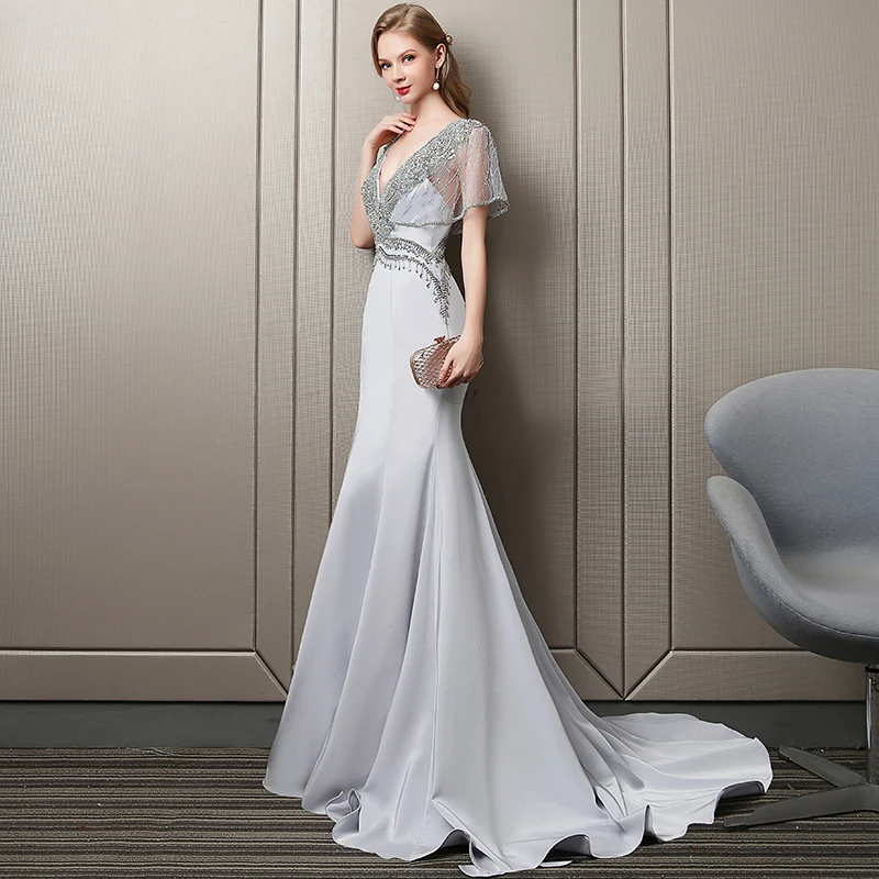 Роскошные v образным вырезом Кристалл Бисер Vestidos De Festa блестки спинки Русалка
