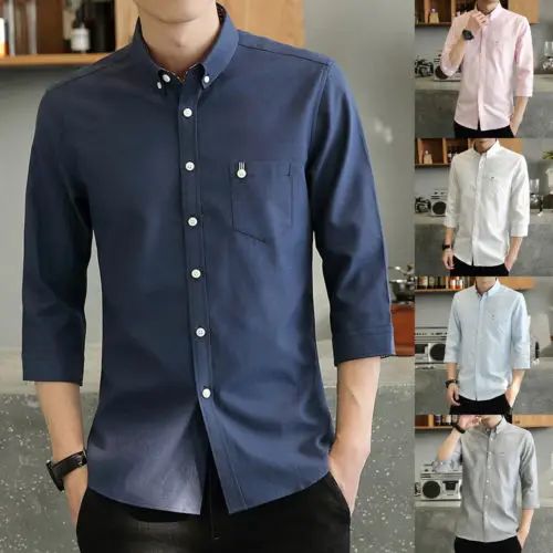 2018 New Fashion Solid Blouse Shirt Mens 3/4 Sleeve Slim Fit Shirt