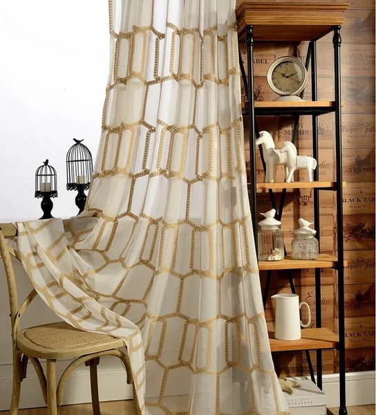 

Living room New Honeycomb Embroidery Voile Window Curtains Panels Gold Color Geometric Sheer Tulle Process Custom Size