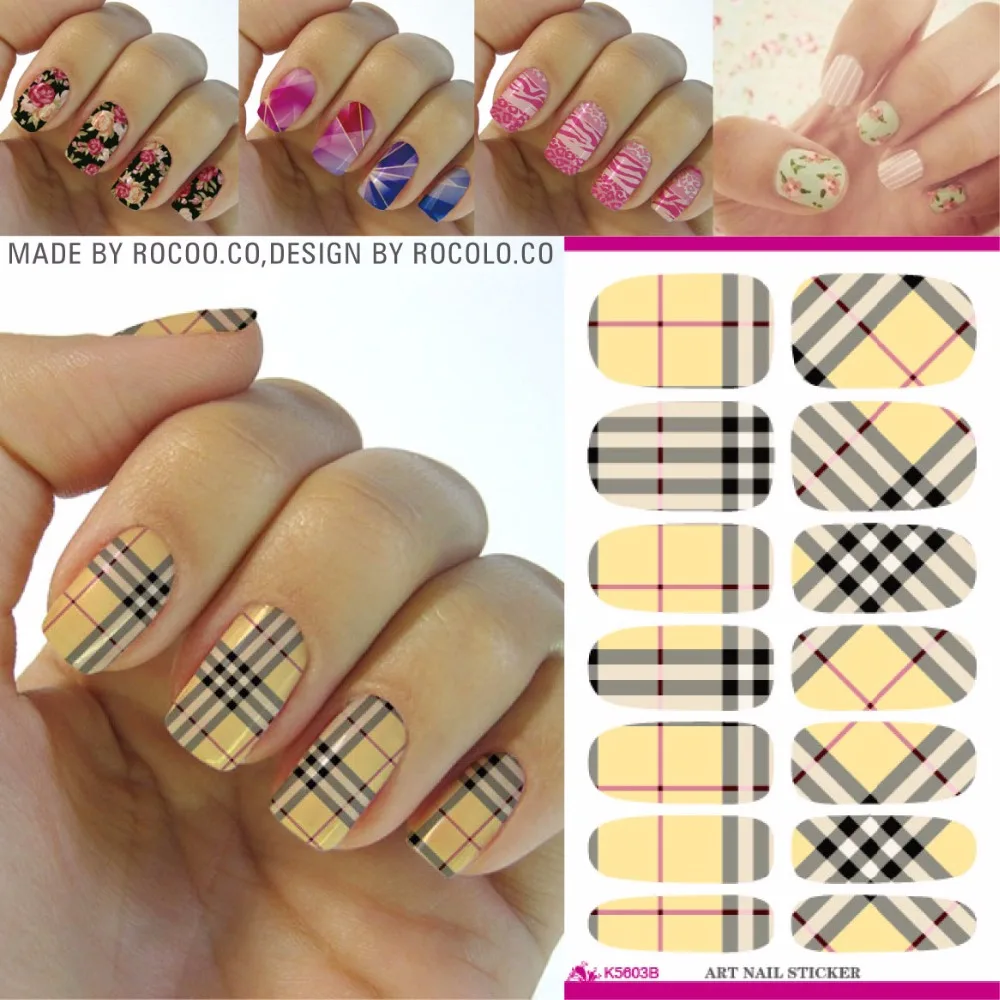 

Rocooart Plaid Design Water Decals Minx Manicure Decoration Nail Art Sticker Yellow Grid Pattern Styling Tools Foil Nail Wraps