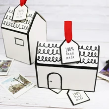 Бумажная коробка дом белая коробка для кексов с красной лентой бумажная бирка для торта печенья декоративная бумага для вечеринок коробка дом форма белый подарок