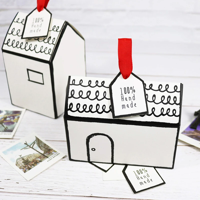 

Paper Box House white muffin box with Red Ribbon Paper Tag for Cake Cookie Party Decoration Paper Box House Shape White Gift