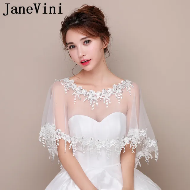 Janevini 2018 Elegant White Bridal Lace Bolero Beaded Wedding Cape Janevini 2018 Elegant White Bridal Lace Bolero Beaded Wedding Cape Short Sheer Bride Shrug Women Evening