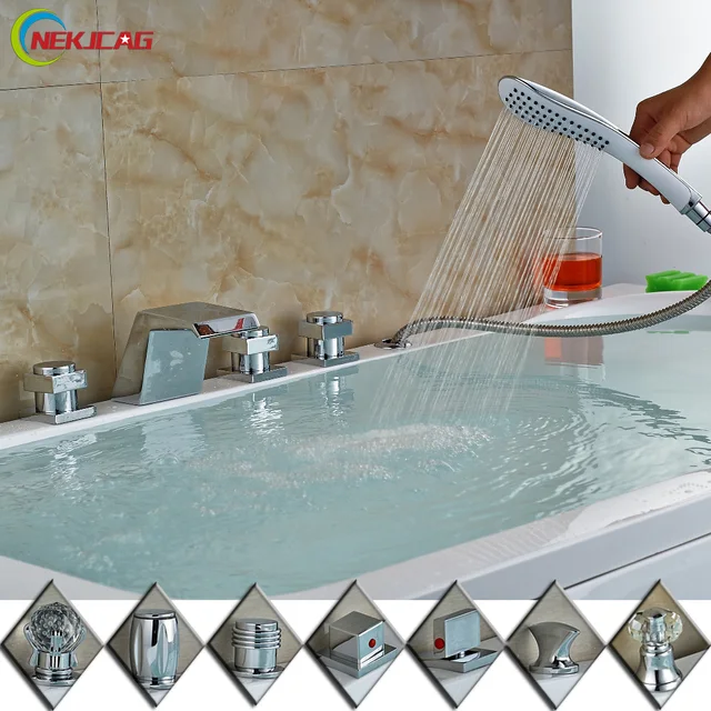 RGB LED Color Changing 3 Handles Waterfall Spout Bathtub Faucet Mixer Taps with Handheld Shower Chrome Finish-in Shower Faucets from Home Improvement ... RGB LED Color Changing 3 Handles Waterfall Spout Bathtub Faucet Mixer Taps with Handheld Shower Chrome Finish-in Shower Faucets from Home Improvement ...