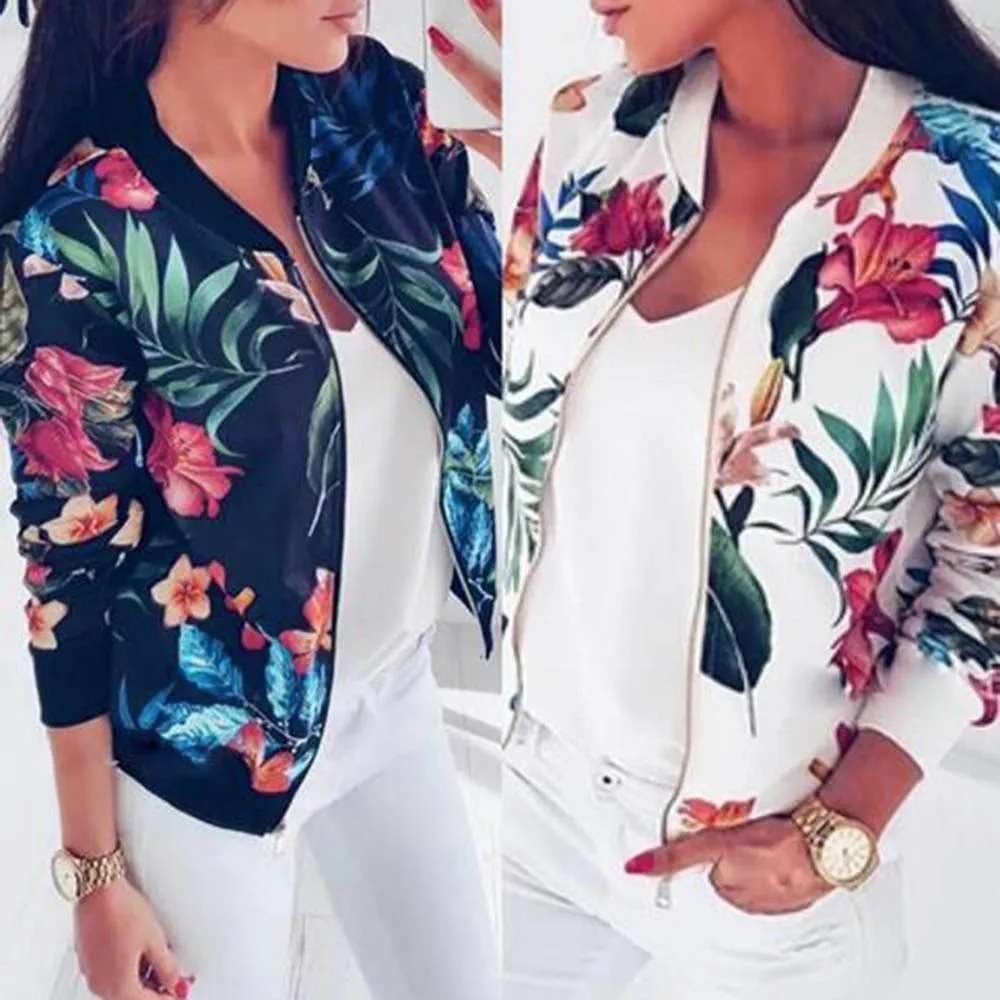 

8 Colors Women Jackets Flower Floral Print Retro Ladies Zipper Up Short Thin Slim Bomber Jacket Coats Basic Casual Outerwear