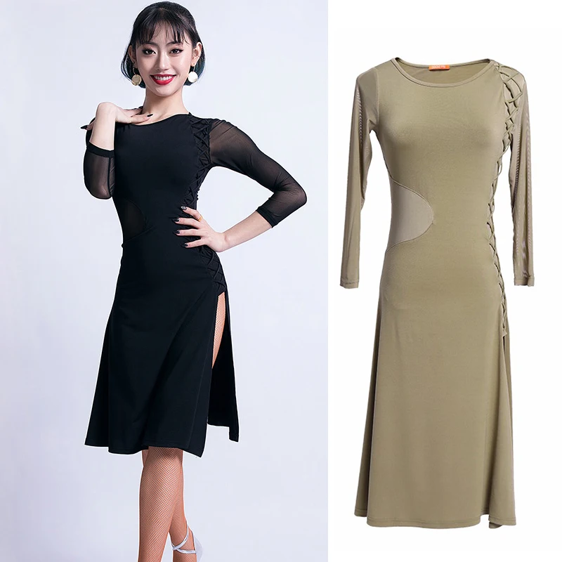 

New Arrival Latin Dance Dress Woman Lady Sexy Split Long Sleeved Dresses Ballroom Flamengo Salsa Stage Dress For Dancing DL3580