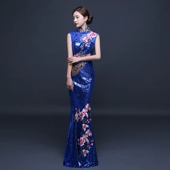 

Elegant Women Peacock Flower Qipao Vintage Sequins Appliques Mandarin Collar Cheongsam Chinese Bride Wedding Banquet Dress