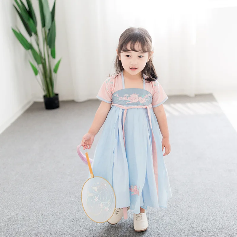 Длинное платье с цветочной вышивкой для маленьких девочек 2-8 лет, простой китайский Танг hanfu, детский традиционный костюм в древнем народном стиле, летняя одежда