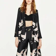 2019 New  Womens Suits Black Autumn  Blazer Set Printing Lace-up Street Fashion Nine-point Wide-leg Trouser Belt