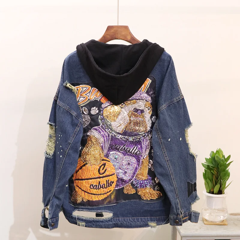 2018 Spring Autumn Denim Jacket Coats Woman Heavy Sequins