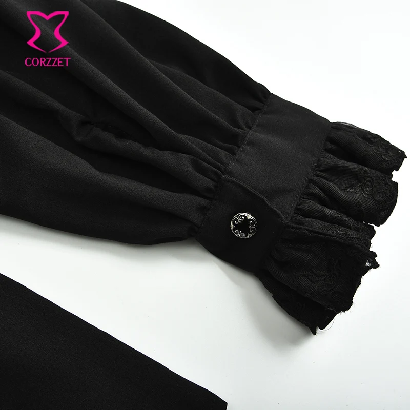 Black Layered Lace Ruffle Stand Collar Lantern Sleeve Gothic Shirt Vintage Medieval Cosplay Steampunk Clothing Men Victorian Top