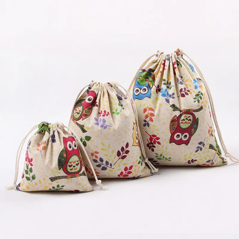 Cotton Linen Drawstring Bag Cartoon Cute Owl Mini Coin Purse Home Storage Travel Women Small Cloth