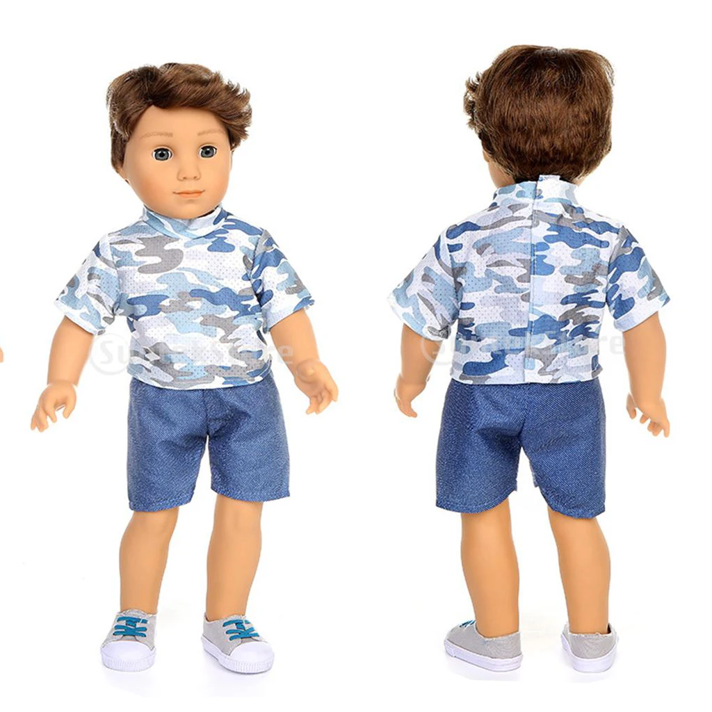 Camo Short Sleeve T-shirt & Pants Set Outfit Clothes for 18'' Boy Dolls Blue Doll Camouflage Military Suit