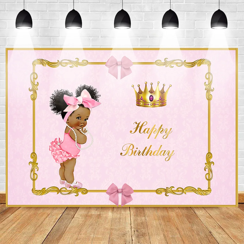 

Neoback Happy Birthday Photo Backdrop for Princess Pink Style Royal Gold Crown Bow Customized Photographic Background for Studio