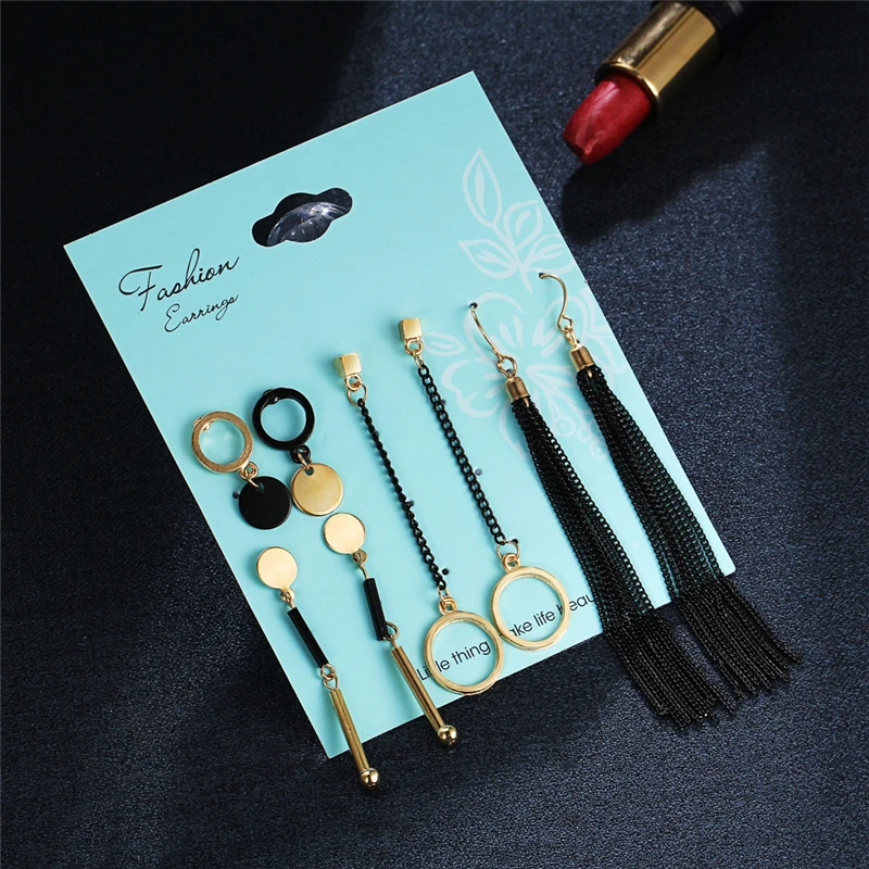 AY-4-Pairs-Set-Geometric-Vintage-Stud-Earrings-For-Woman-Contrast-Tassel-Round-Gold-Black-Color