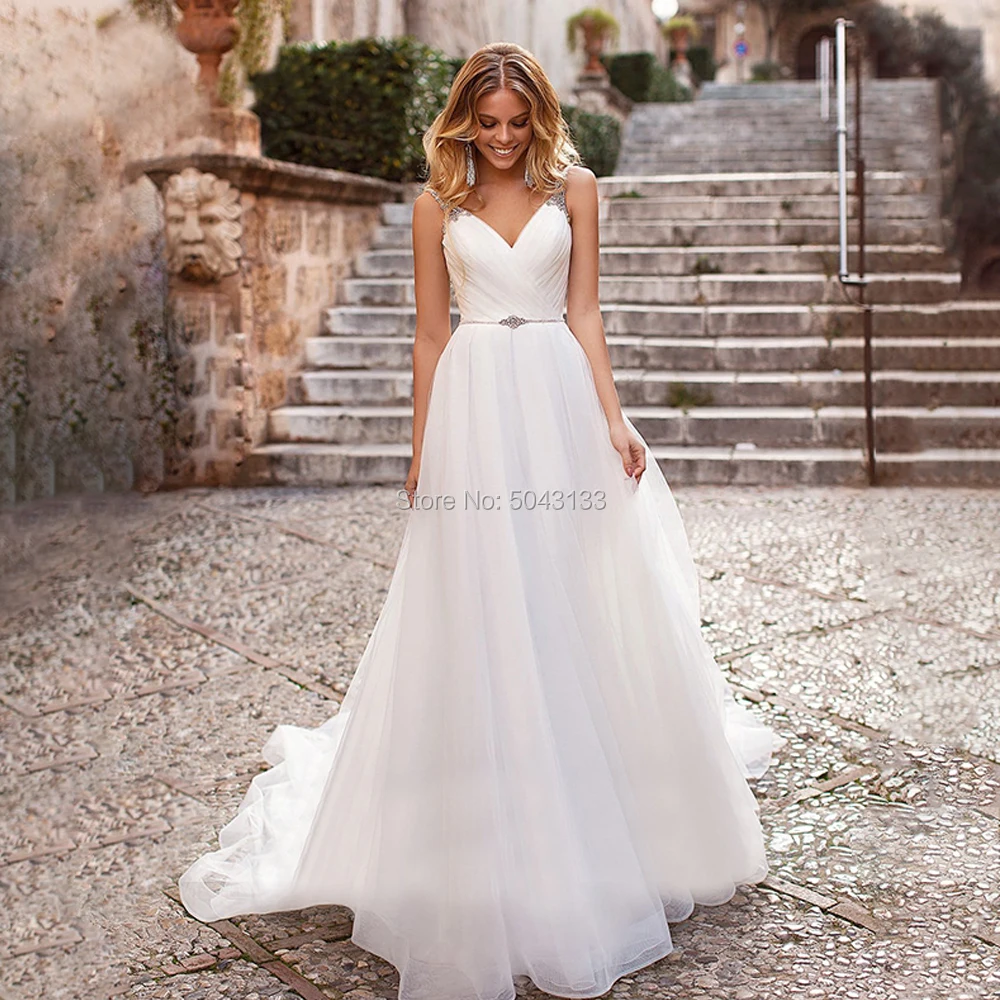 Elegant Tulle Wedding Dresses Beaded Straps A Line Pleated Bridal