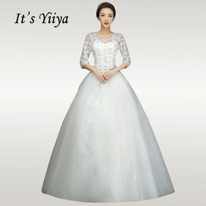 

It's YiiYa Wedding Dress 2019 Half Sleeve V-neck Wedding Dresses Crystal Plus Size White Free Shipping Vestido de novia XXN145