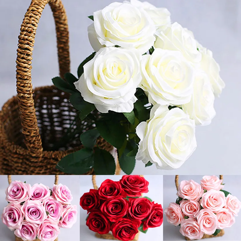 

Quality 9 Head Artificial Rose Flowers Wedding bouquet White Pink Royal Rose Silk flowers Home Decoration Wedding Party Decor