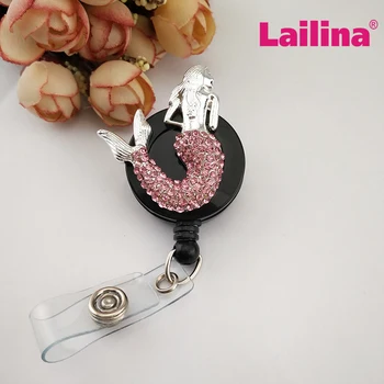 

20pcs Pink Purple Rhinestone Mermaid ID Badge Holder Decorative Plastic Novelty Retractable Badge Reels with Fix Functions