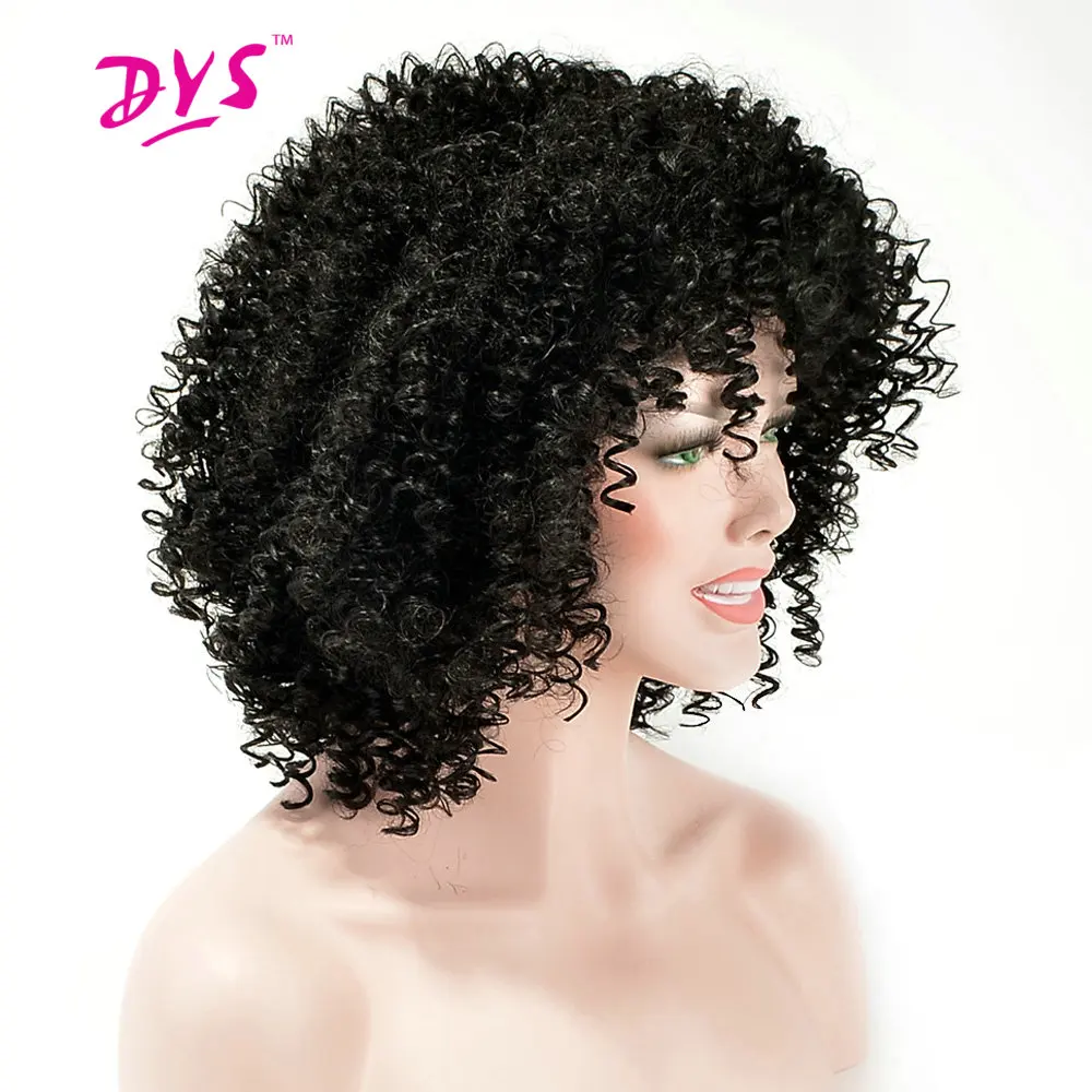 Deyngs Afro Kinky Curly Short Synthetic Wigs With Bangs For Black
