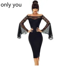 

ONLY YO U Little Black Spring 2018 Sexy Party Lace Bell Long Sleeve Off Shoulder Bodycon Dress Knee-Length Robe Femme LC220269