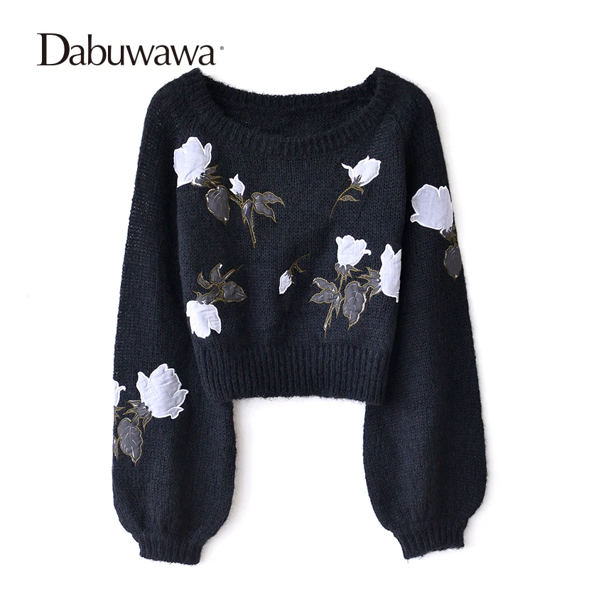 Dabuwawa Black Long Sleeve O-Neck Knitwear Pullovers Fashion Appliques Sweater Autumn Winter Casual Knitting Sweaters #D17DKT059
