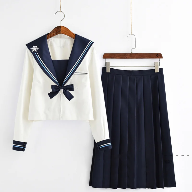 

Japanese Classical Long-sleeved Navy Sailor Suit Uniforms With Bow Collar Snowflake Embroidery Japan High School Sexy Uniform