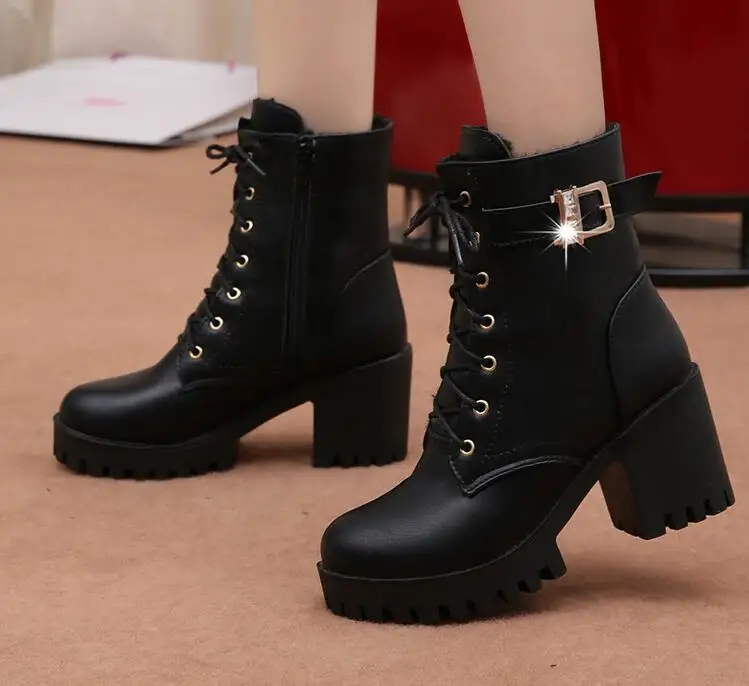 

Fashion boots women 2019 Autumn winter buckle ladies shoes high heels round toe platform lace up boots for women