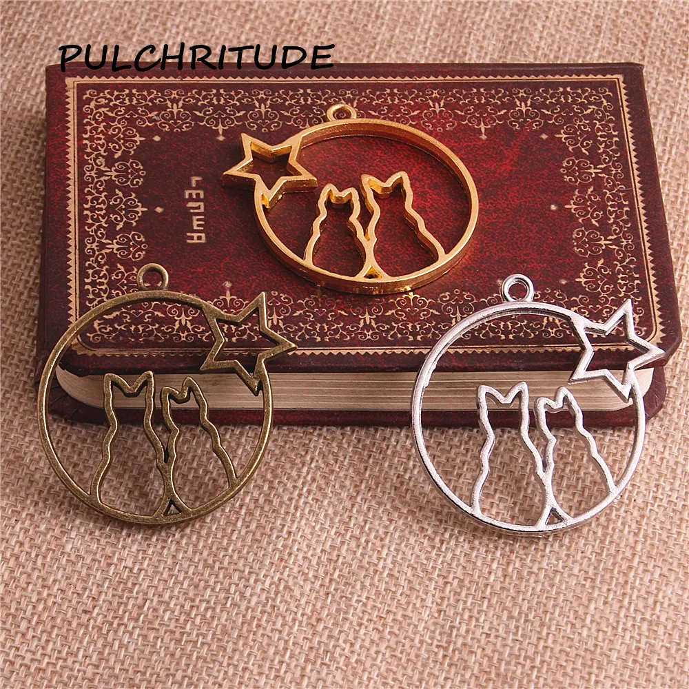

PULCHRITUDE 6pcs/lot Metal Zinc Three Colors Cute Cat Charm Stars Pendant Blank Tray Bezel Diy Jewelry Making c2111