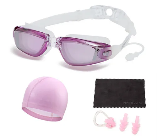 Очки для плавания по рецепту(близорукие 0-8,0 диоптрий), очки для плавания для близорукости+ шапочка для плавания+ зажим для носа+ беруши+ Сухая ткань - Цвет: Rose Red Set