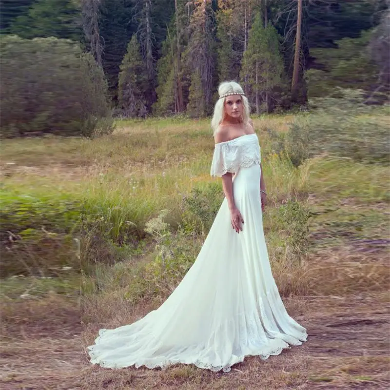 2016 Bohemian Wedding Dresses Cream Ivory Off The Shoulder Lace Edge