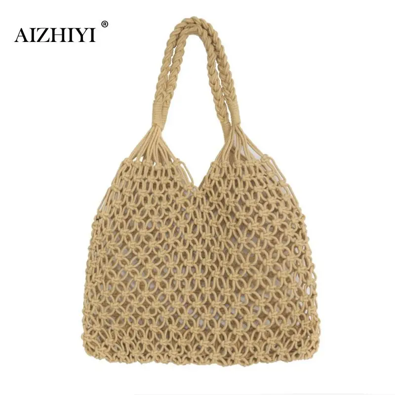 

Women Hollow Mesh Beach Bag Woven Bucket Handbags Cotton Summer Rope Portable Casual Handbags Totes Famous Design Shoulder Bag