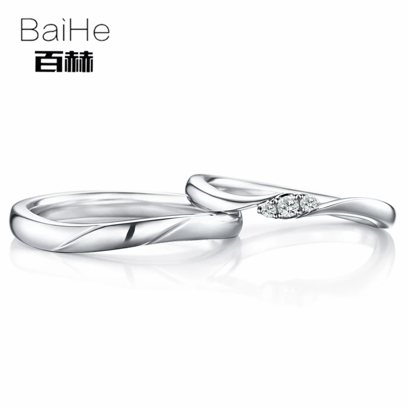 BAIHE Solid 18 К белого золота 0.08ct Certified H/SI круглый 100% из натуральной бриллиантами обручение для женщин классический тонкой Пару Кольцо