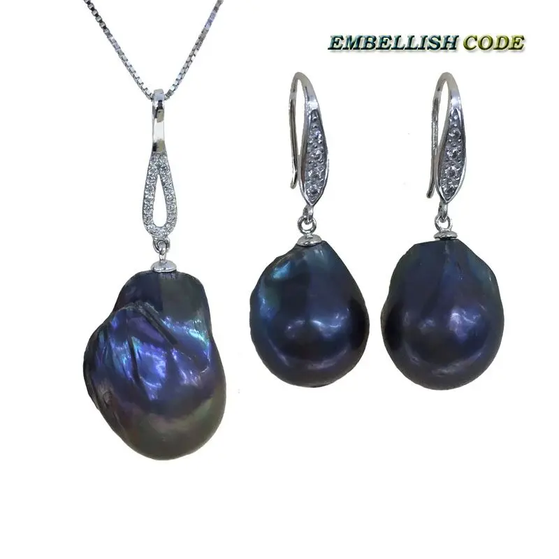 

black blue fireball pear shape baroque pearl sets hook earrings pendant plus size natural freshwater Cultured pearls box chain