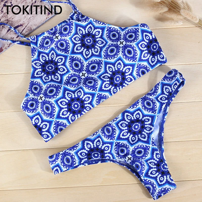 

TOKITIND High Neck Bikini Bandage Swimwear Swimsuit Retro Halter Bikini Set Brazilian Vintage Blue Printed Summer Beach Suit